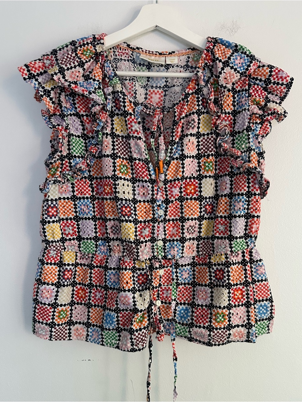 Maeve Anthropologie 100% Cotton Multicolor Crochet-Print Ruffle Tie Blouse Large - Picture 2 of 8